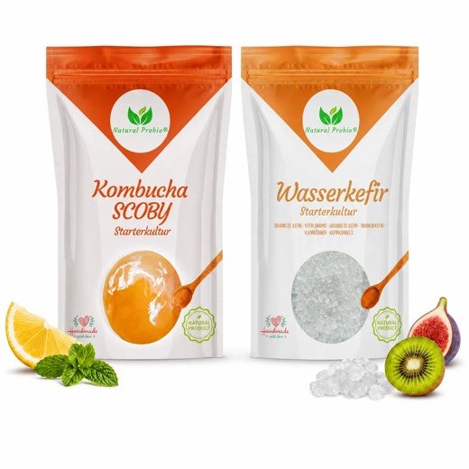 Duo von Natural Probio: Beutel mit Wasserkefir-Kristallen und Beutel mit Kombucha-SCOBY